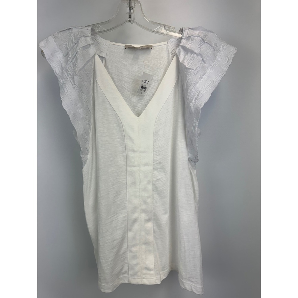 LOFT Womens White Textured Ruffle Cap Sleeve V-Neck Cotton Top Small NEW
